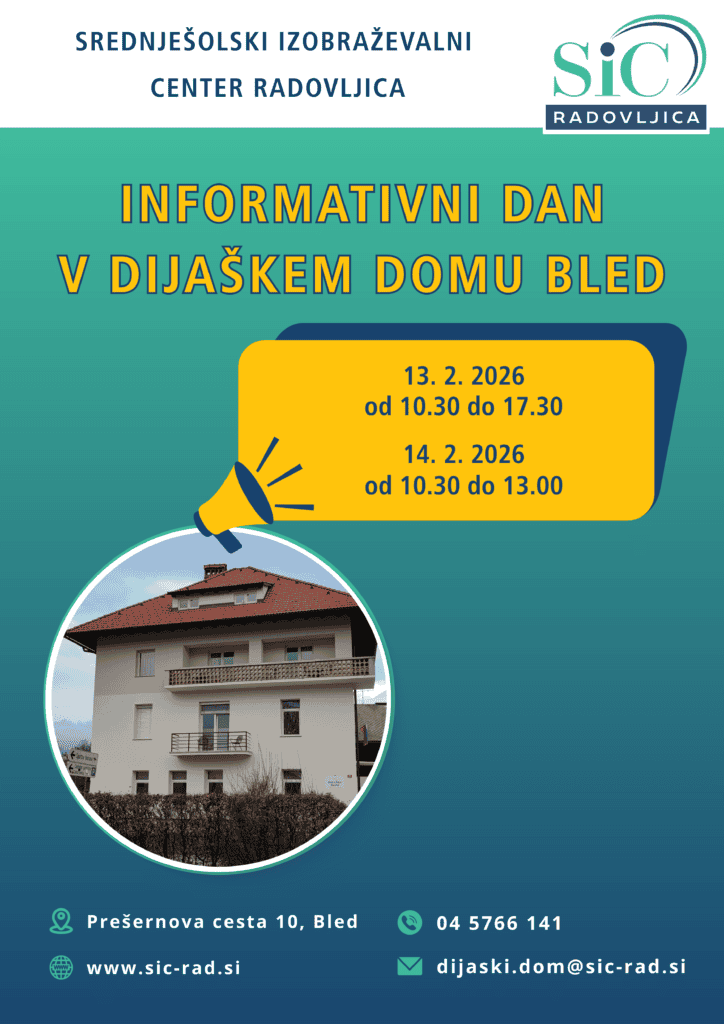 Vabilo na informativni dan v dijaškem domu Bled. Na vabilu so podatki kdaj bo potekal informativni dan.